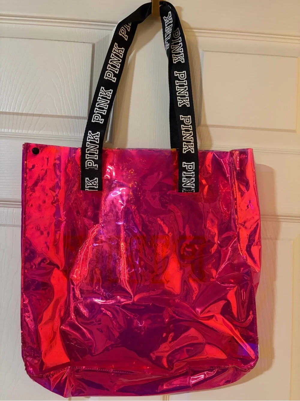 PINK Victoria's Secret Iridescent Hot Pink Tote with Black Straps